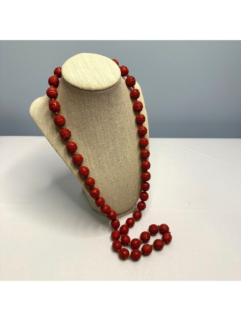 AS IS - Vintage 32" Chinese Export Cinnabar Lacquer Bead Necklace Sterling Clasp